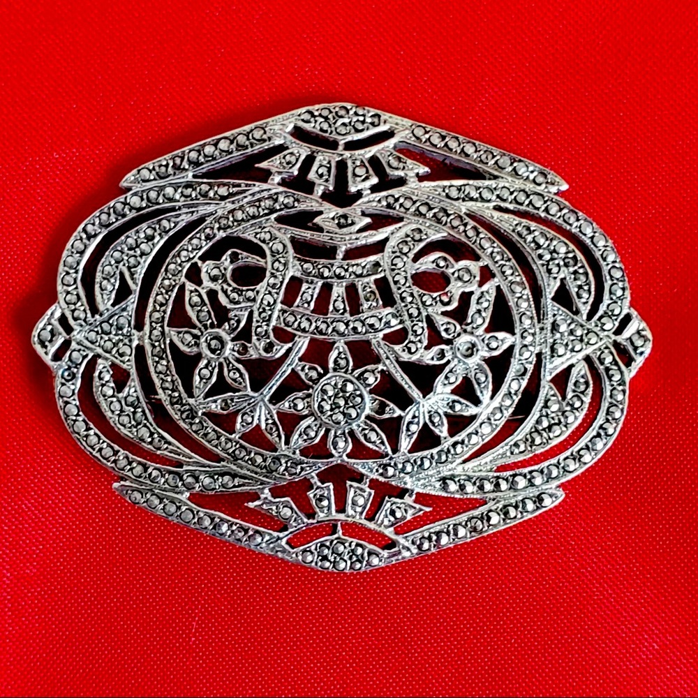 925 Sterling Silver Vintage 1950s Brooch Pin With Marcasite